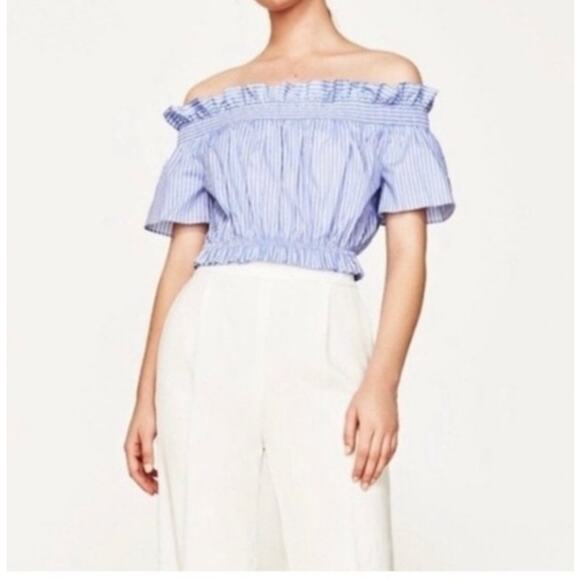 Zara Basics top, medium, blue & white with bow; off the shoulder - Picture 1 of 6
